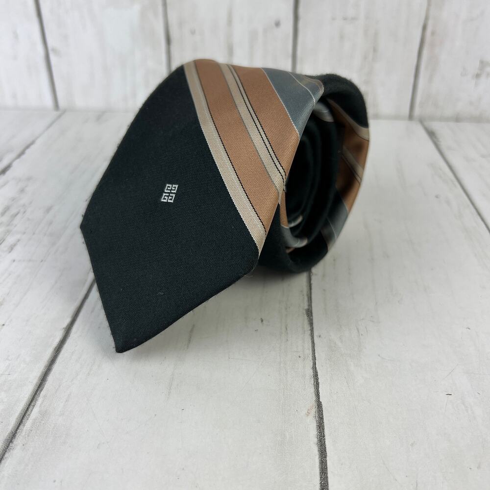 VTG Givenchy Monsieur Brown Striped Silk Blend Necktie Tie Logo